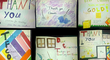 Photo of hand drawn testimonials by childern thanking CleanwayXtra for cleaning their school image