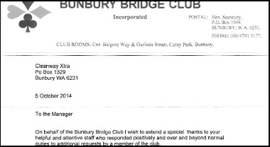 Email Testimonial from Bunbury Bridge Club